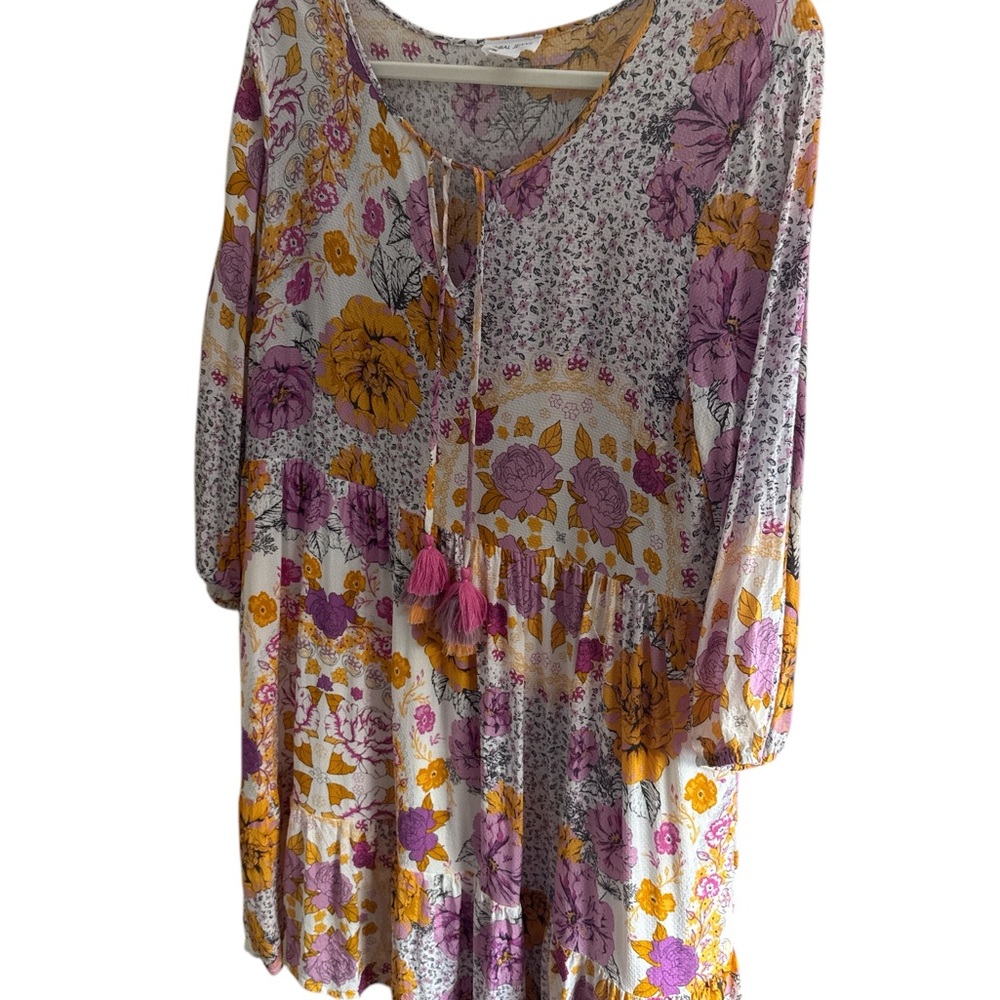 Tribal Floral Boho Dress in White, Yellow & Purple